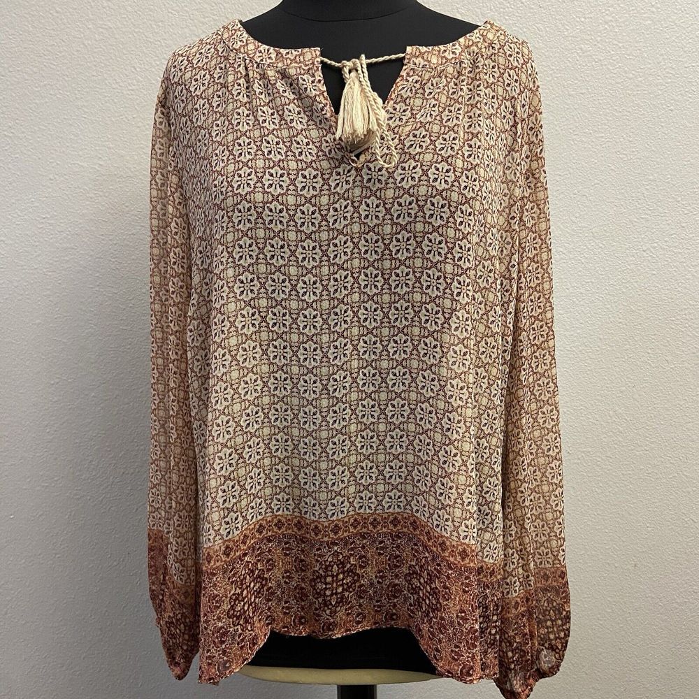 Rose‎ and Olive XL Long Sleeve Geometric Pattern Elastic Cuff Sheer Pullover